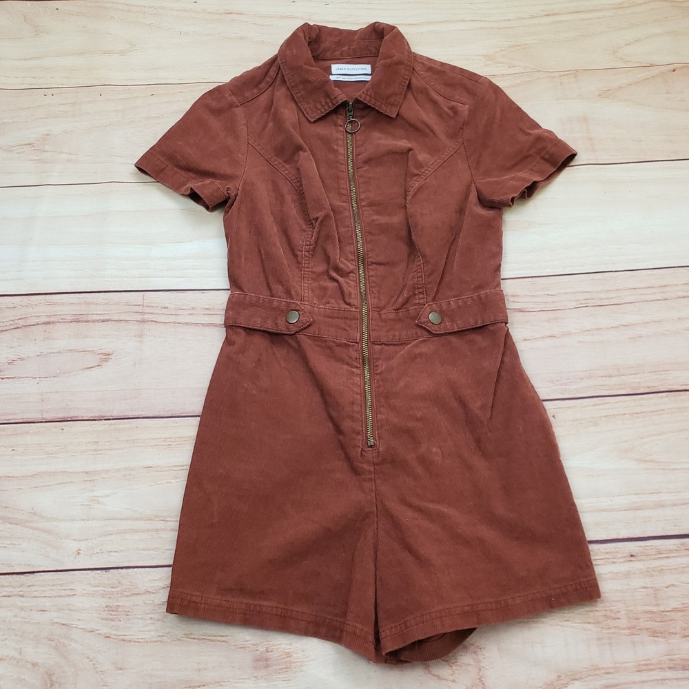 Urban Outfitters Romper Girls Small Rust Brown Corduroy Zip Front Short Sleeve